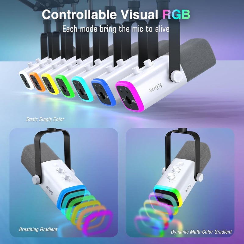 FIFINE طقم ميكروفون ألعاب XLR/USB، مجموعة ميكروفون ديناميكي للبث لجهاز الكمبيوتر، ميكروفون الكمبيوتر لتسجيل الصوت والبودكاست، مع جاك سماعات، زر التحكم في الصوت، حامل ذراع - AmpliGame AM8T أبيض - Image 5